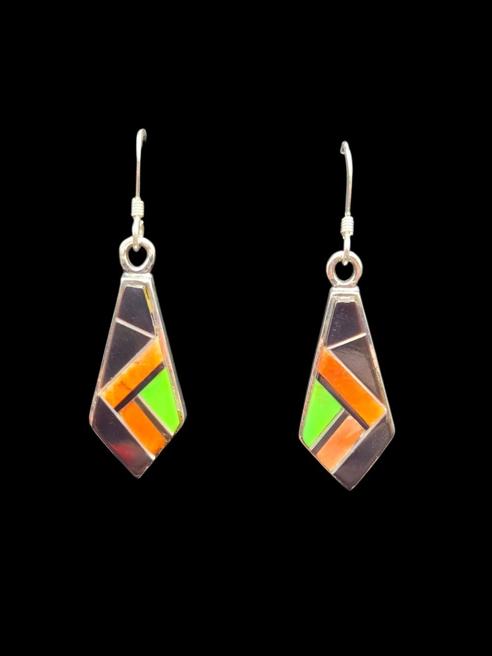 Sterling Silver Spiny Oyster Onyx Gaspeite Mosaic Inlay Earrings Sun Hallmark